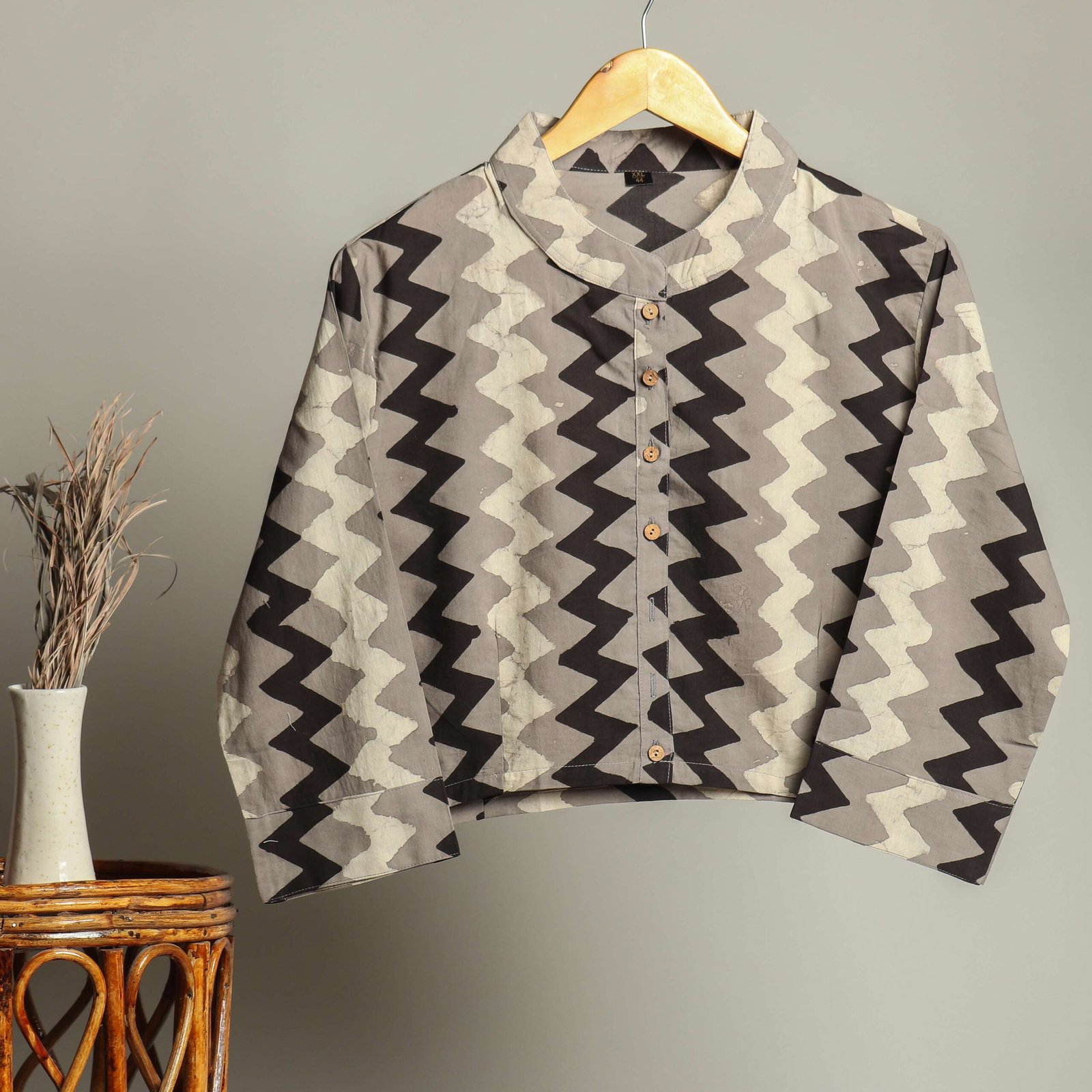 Handmade Cotton Shirt for Women - Black & Grey Zigzag Print Button-Down Top with Full Sleeves – BSJ-03