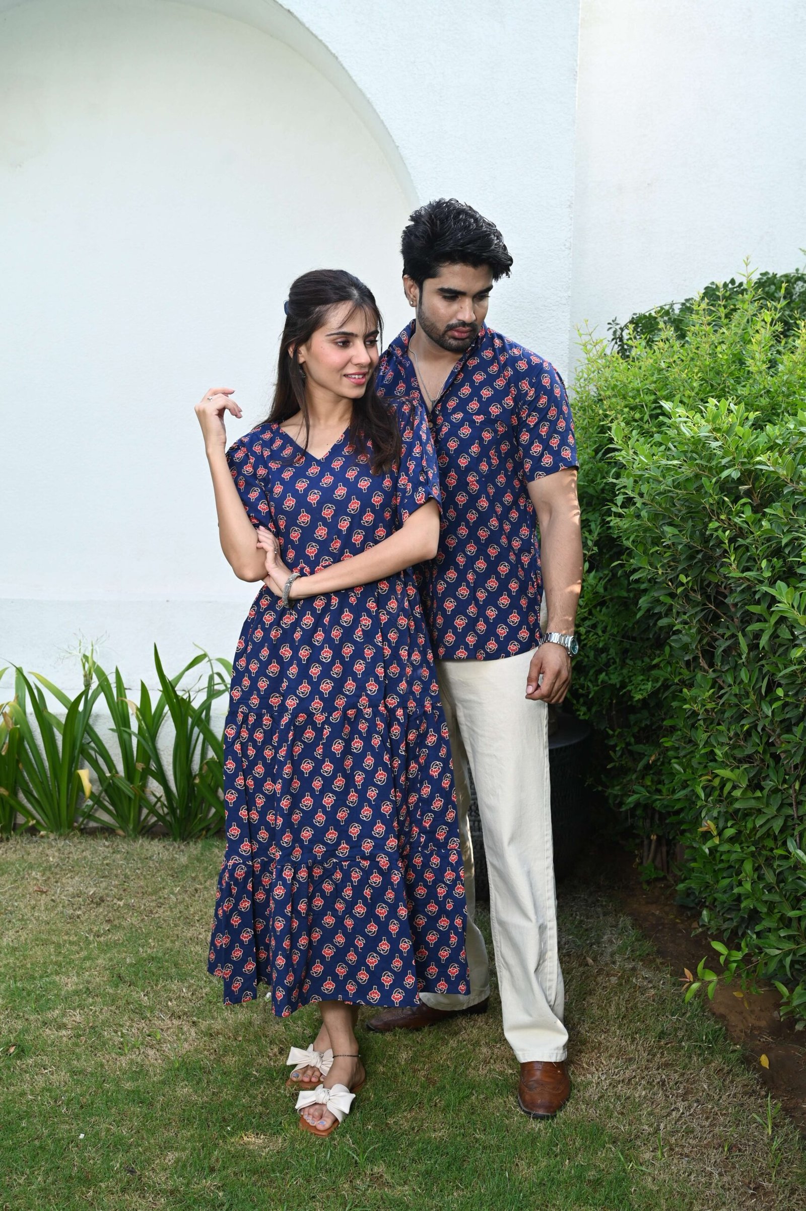 Couple Matching Navy Blue Cotton Printed Anarkali Midi Dress & Shirt Set - Casual & Festive Wear – CP1-NBL - Image 2