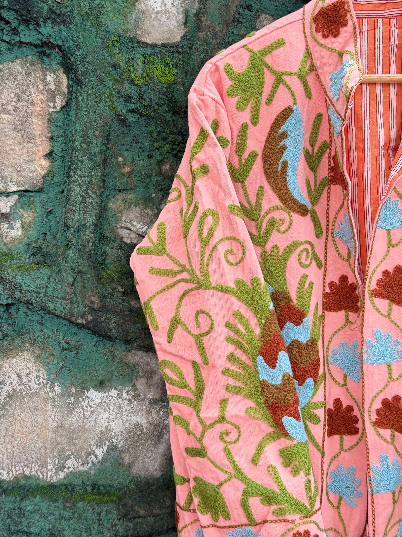 Womens Light Pink Velvet Embroidered Jacket with Floral Design - Image 5