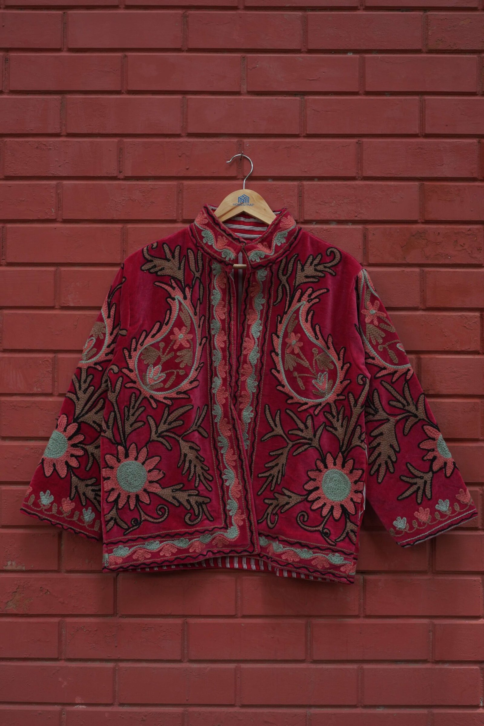 Womens Red Velvet Embroidered Jacket with Floral Design – SZ-RD1 - Image 6