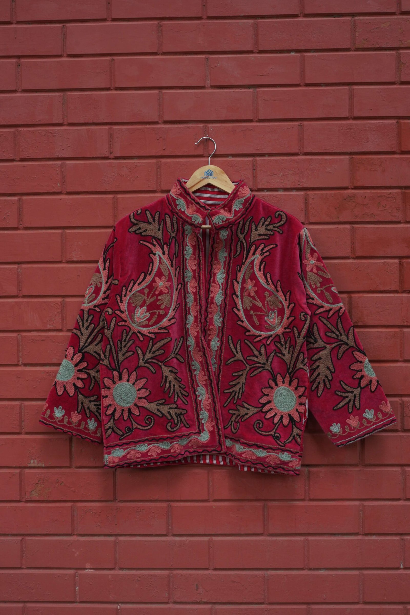 Womens Red Velvet Embroidered Jacket with Floral Design – SZ-RD1 - Image 8