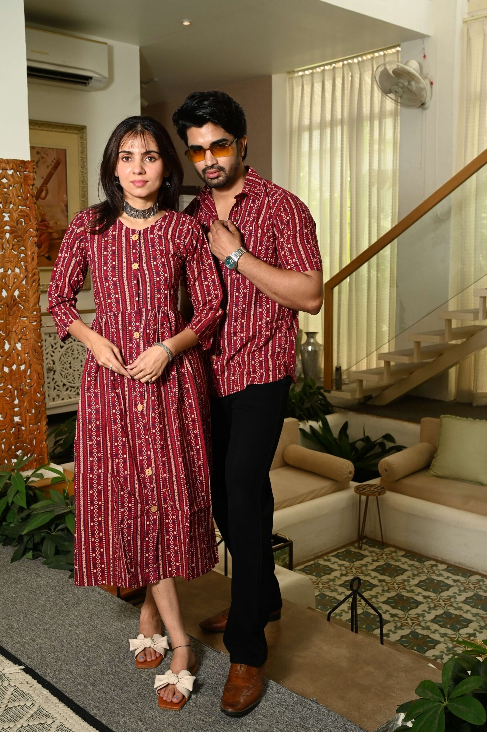 Couple Matching Maroon Cotton Anarkali Midi Dress and Shirt Set - Vertical Stripe Ethnic Print – CP22-MN - Image 3