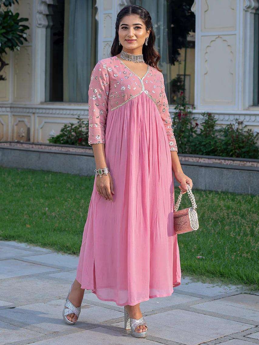 Women's Rayon embroidery work Georgette Fit & Flare Dress – HC10-PINK