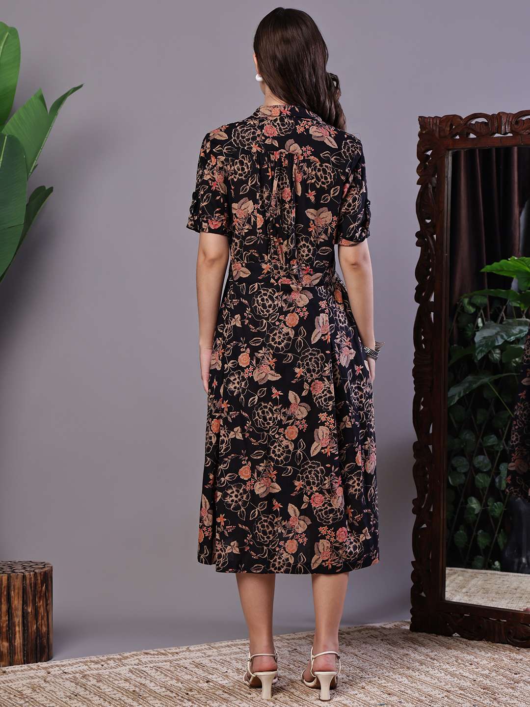 Women's Chic Black & Rust Floral Print Button-Front Midi Dress 2 Women's Chic Black & Rust Floral Print Button-Front Midi Dress - Image 2