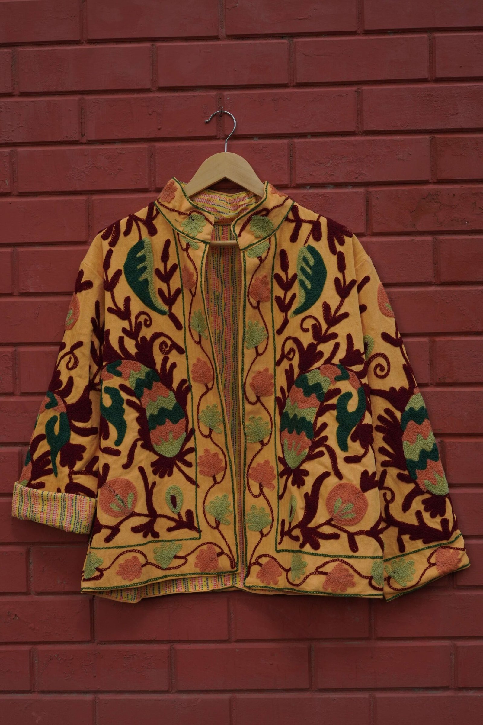 Womens Yellow Velvet Embroidered Jacket with Floral Design – SZ-YL1 - Image 4