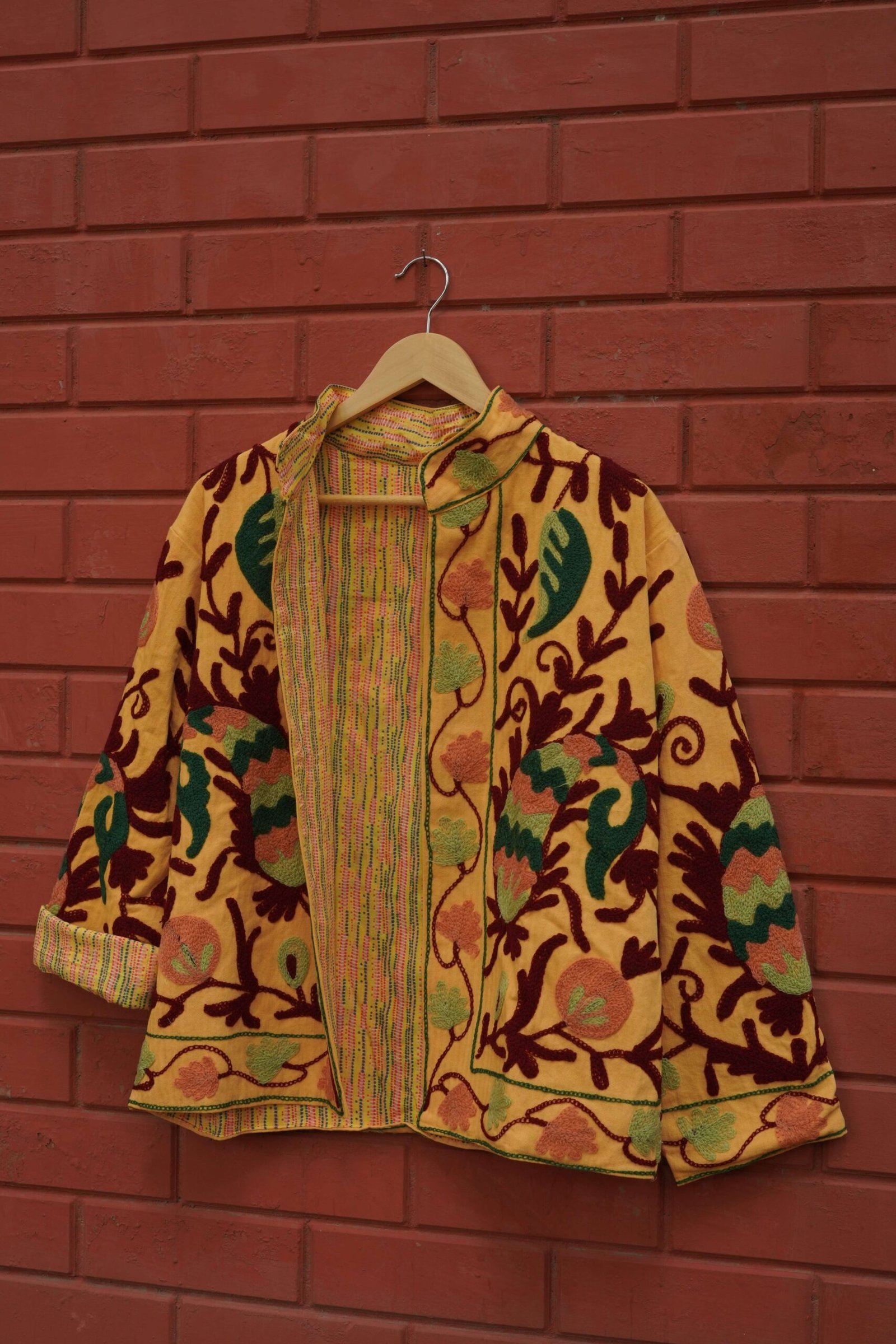 Womens Yellow Velvet Embroidered Jacket with Floral Design – SZ-YL1 - Image 2