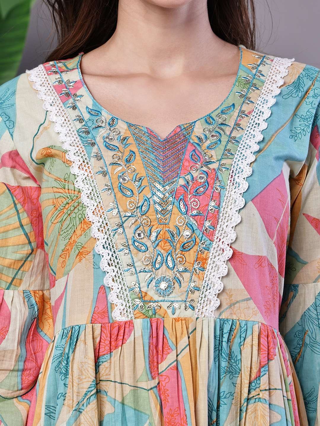 Wome's Multicolor Printed Cotton A-Line Dress with Embroidered Yoke Midi Dresses – AW045 - Image 5