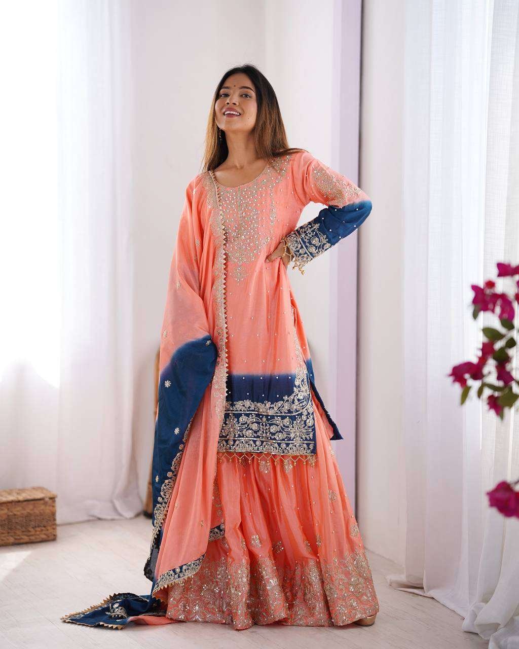 Women's Chinon Silk Sequence With Rivet Moti Work Straight Kurta With Sharara and Dupatta Set - Image 25