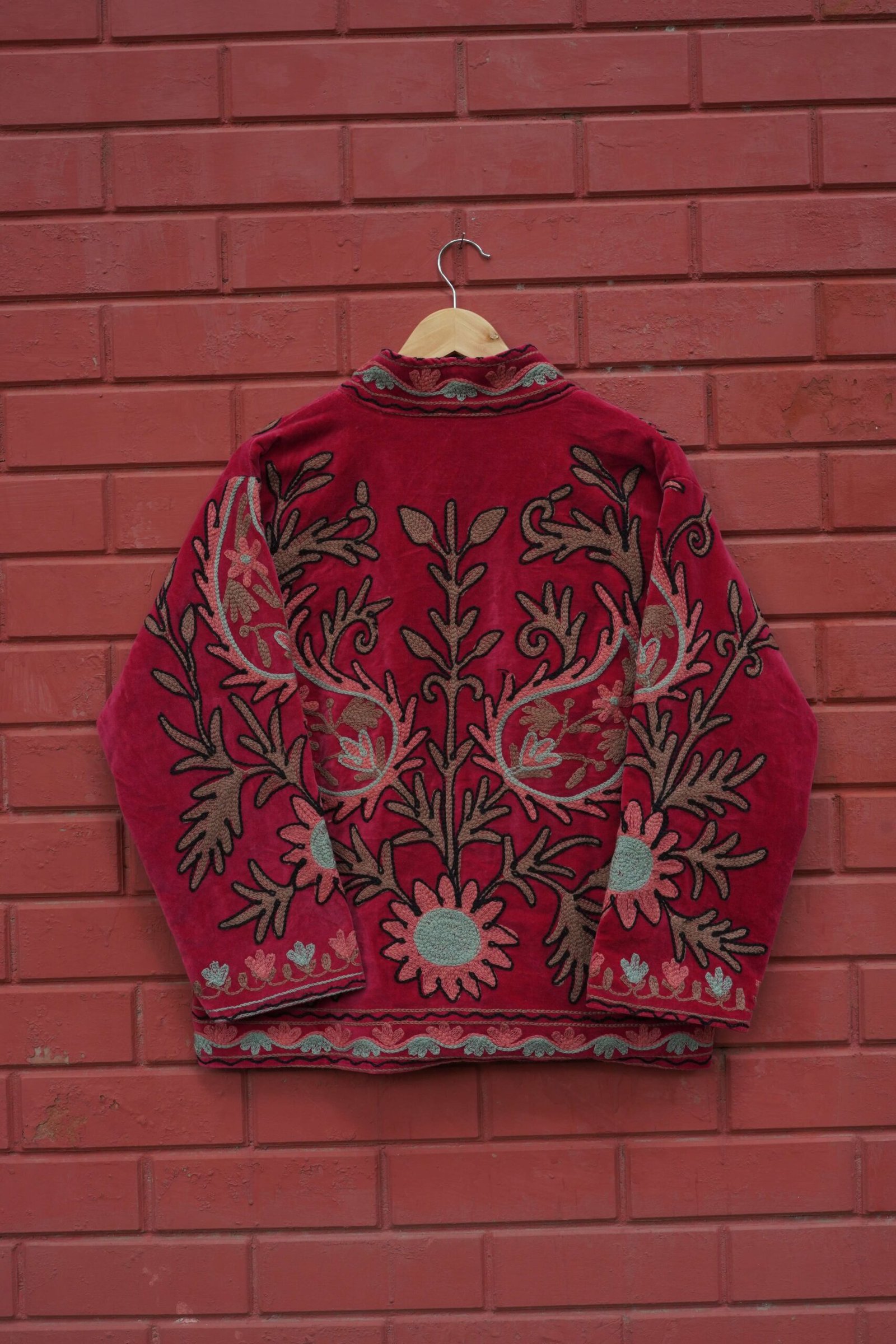 Womens Red Velvet Embroidered Jacket with Floral Design – SZ-RD1 - Image 3