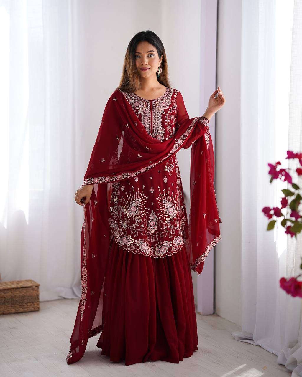 Women's Faux Georgette Sequins & Thread Work Straight Kurta With Sharara Suit and Dupatta Set - Image 9