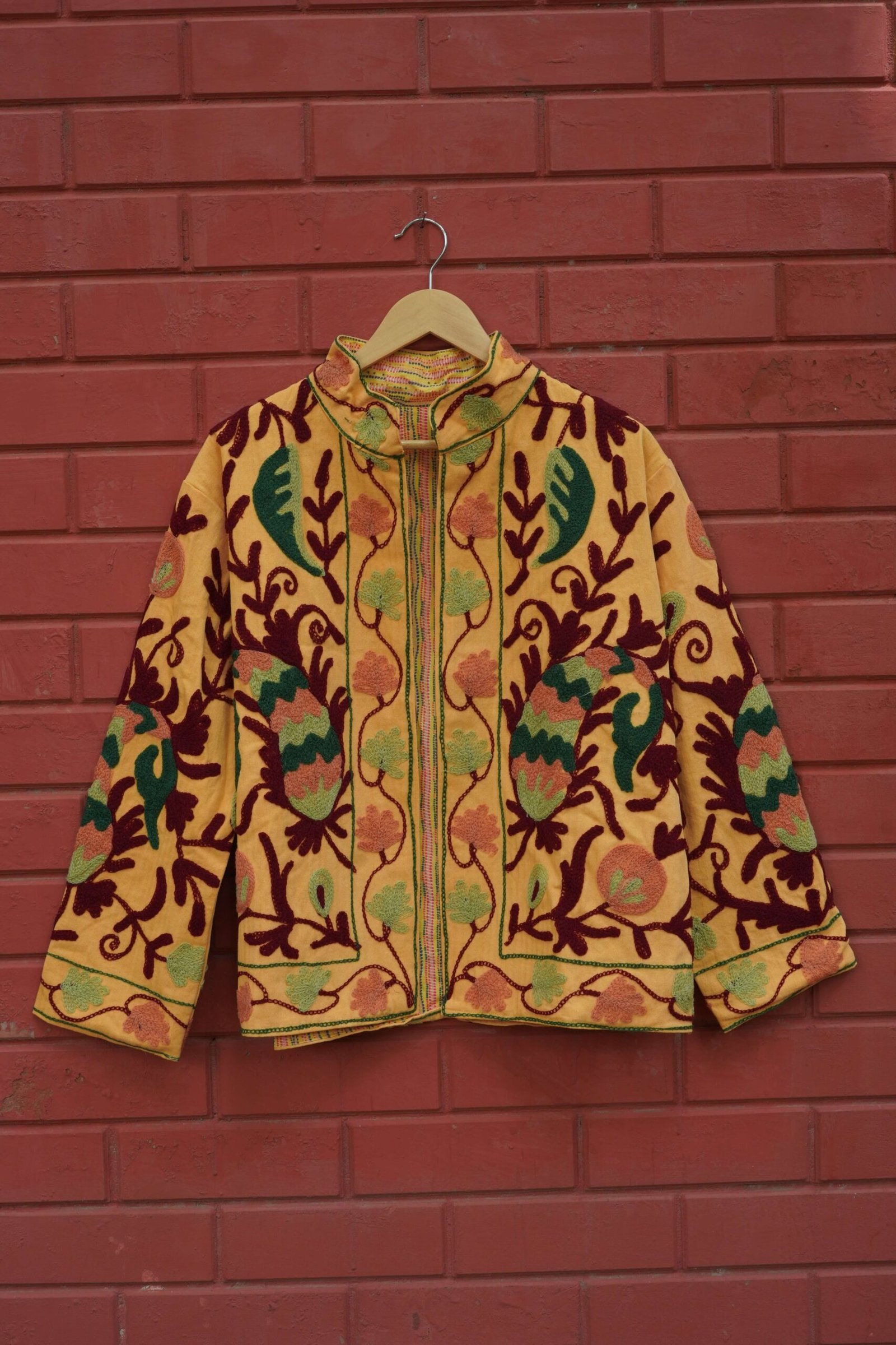 Womens Yellow Velvet Embroidered Jacket with Floral Design – SZ-YL1