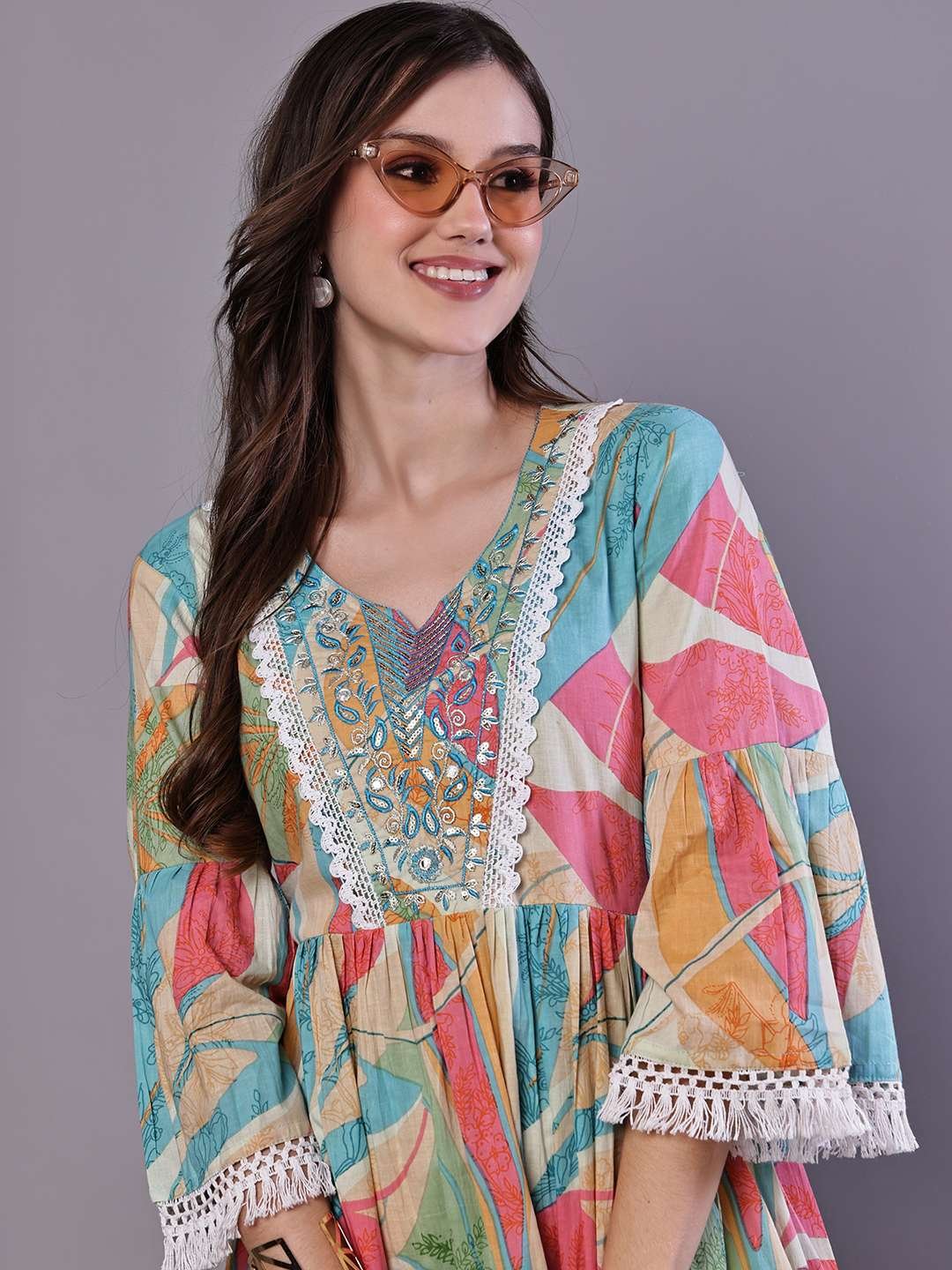 Wome's Multicolor Printed Cotton A-Line Dress with Embroidered Yoke Midi Dresses – AW045 - Image 4