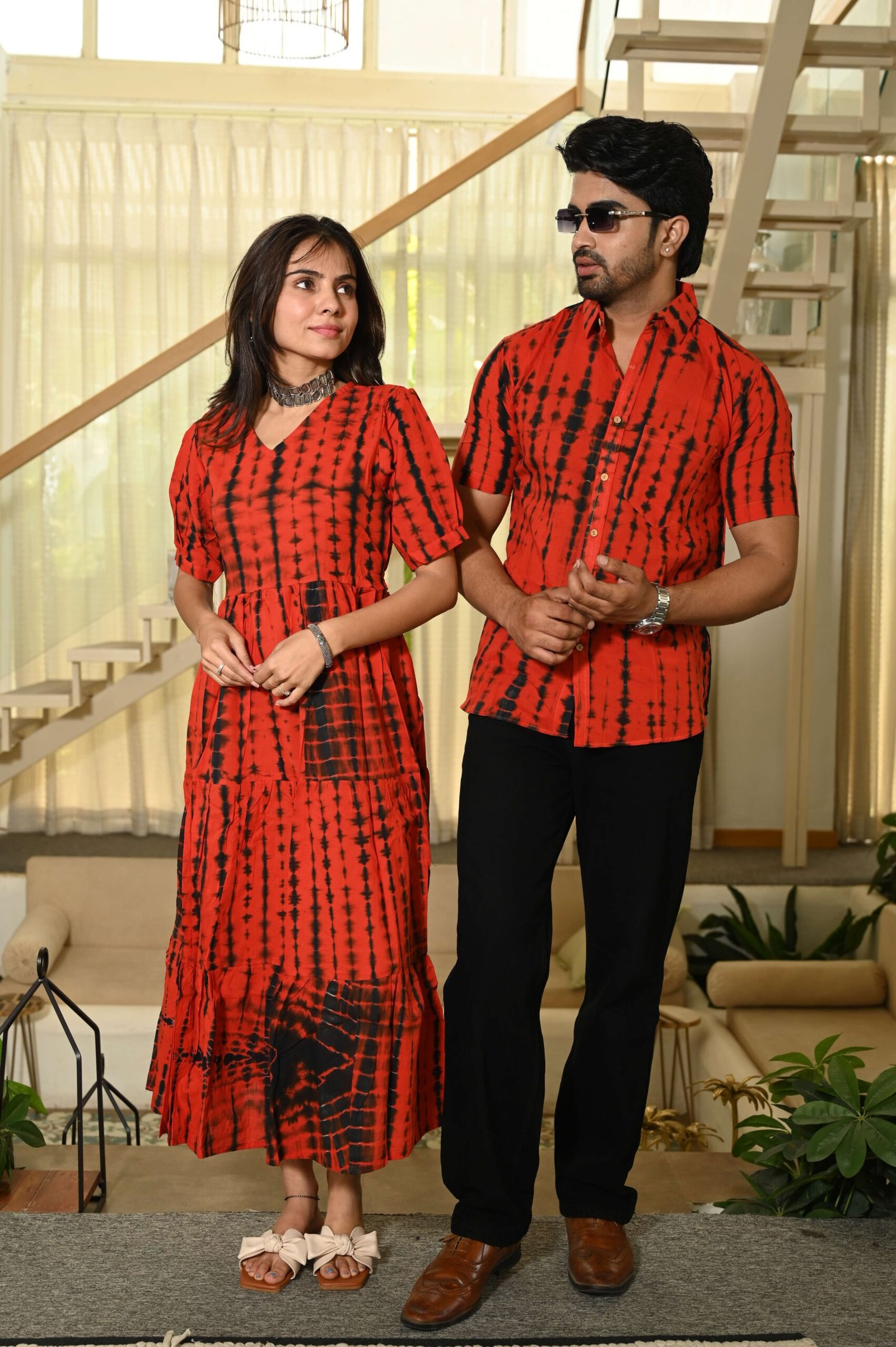 Couple Matching Red Printed Cotton Anarkali Midi Dress & Shirt Set - Summer Casual Wear – CP30-RD - Image 2