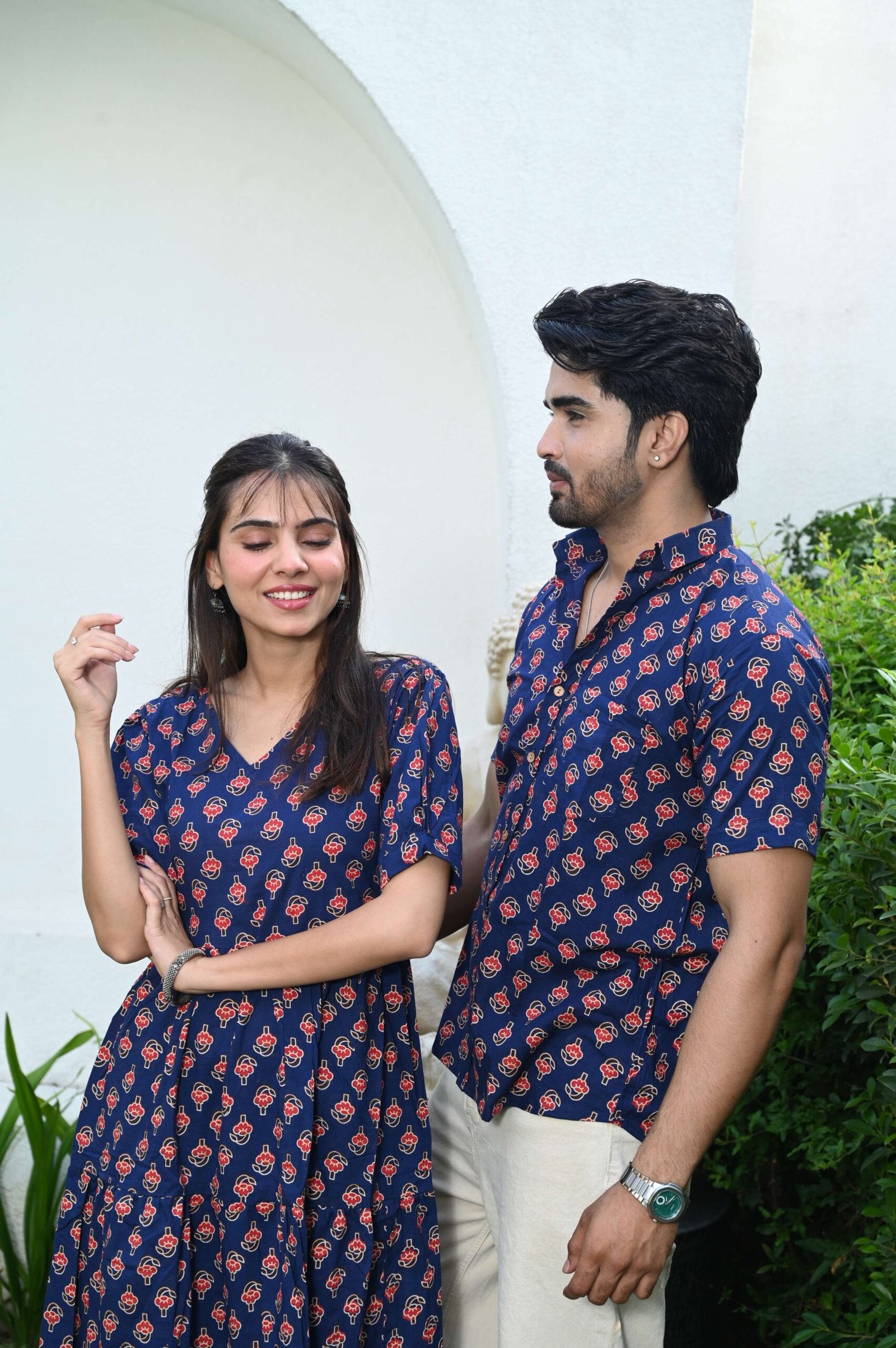 Couple Matching Navy Blue Cotton Printed Anarkali Midi Dress & Shirt Set - Casual & Festive Wear – CP1-NBL - Image 4