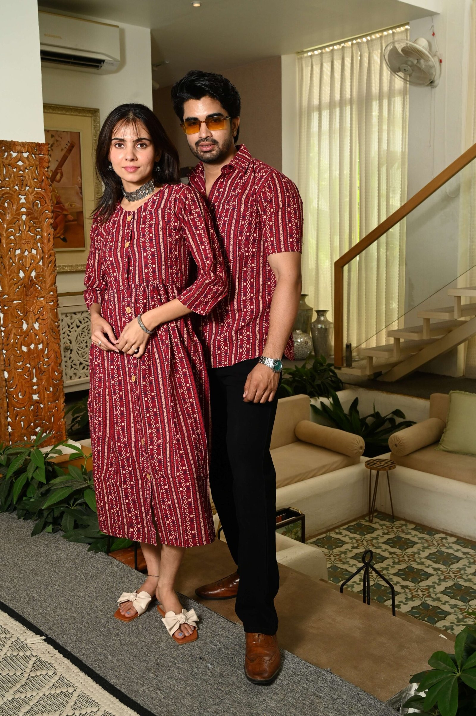 Couple Matching Maroon Cotton Anarkali Midi Dress and Shirt Set - Vertical Stripe Ethnic Print – CP22-MN