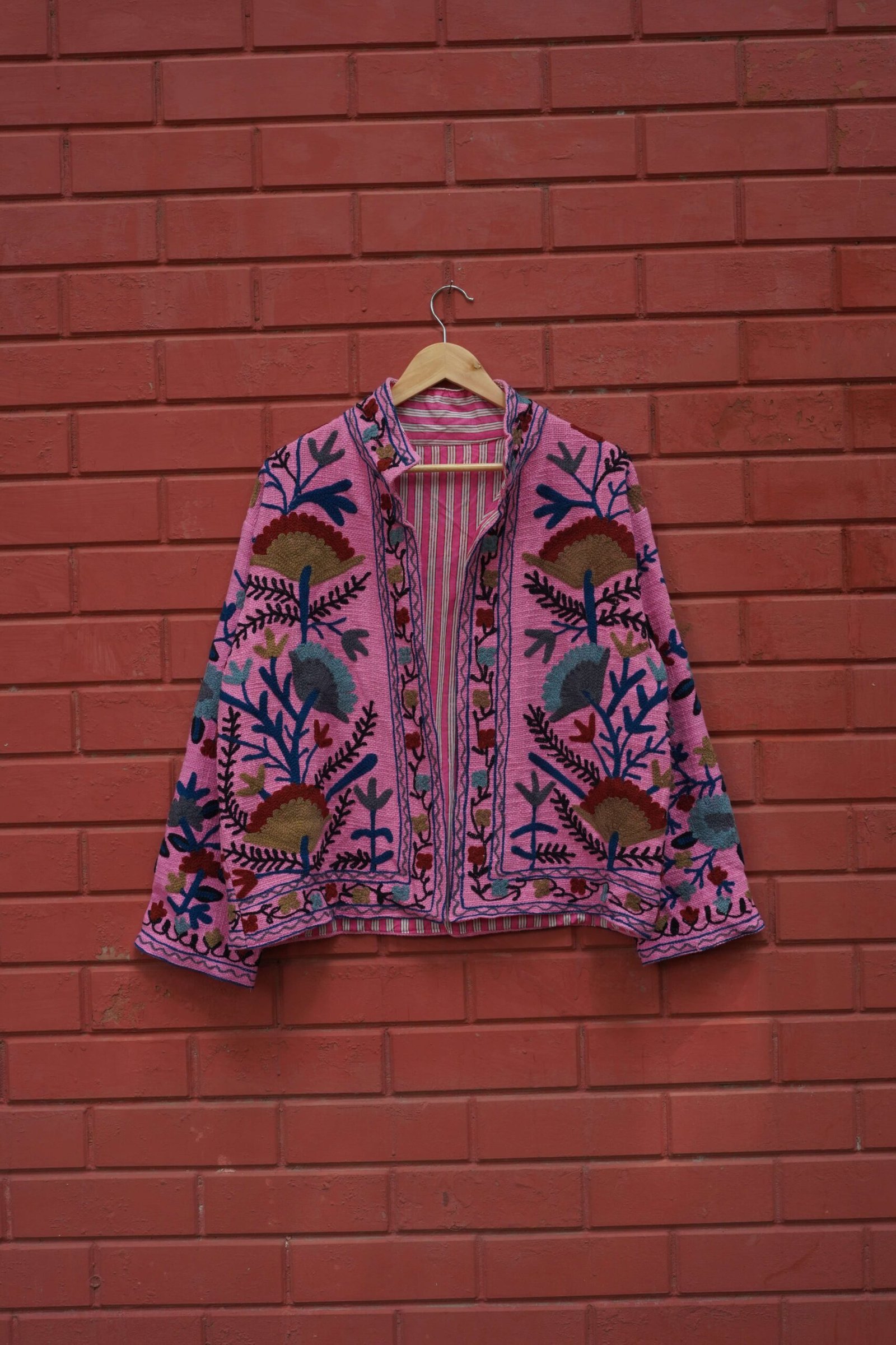 Womens Pink Velvet Embroidered Jacket with Floral Design – SZ-PK1 - Image 2