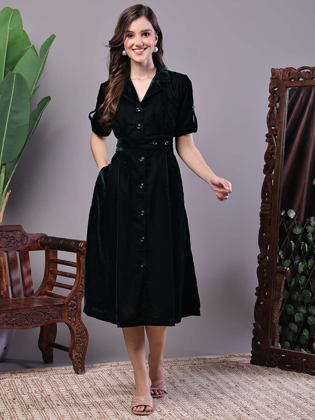 Women's Black Velvet Solid Printed Shirt Midi Dress with Belt – AW06
