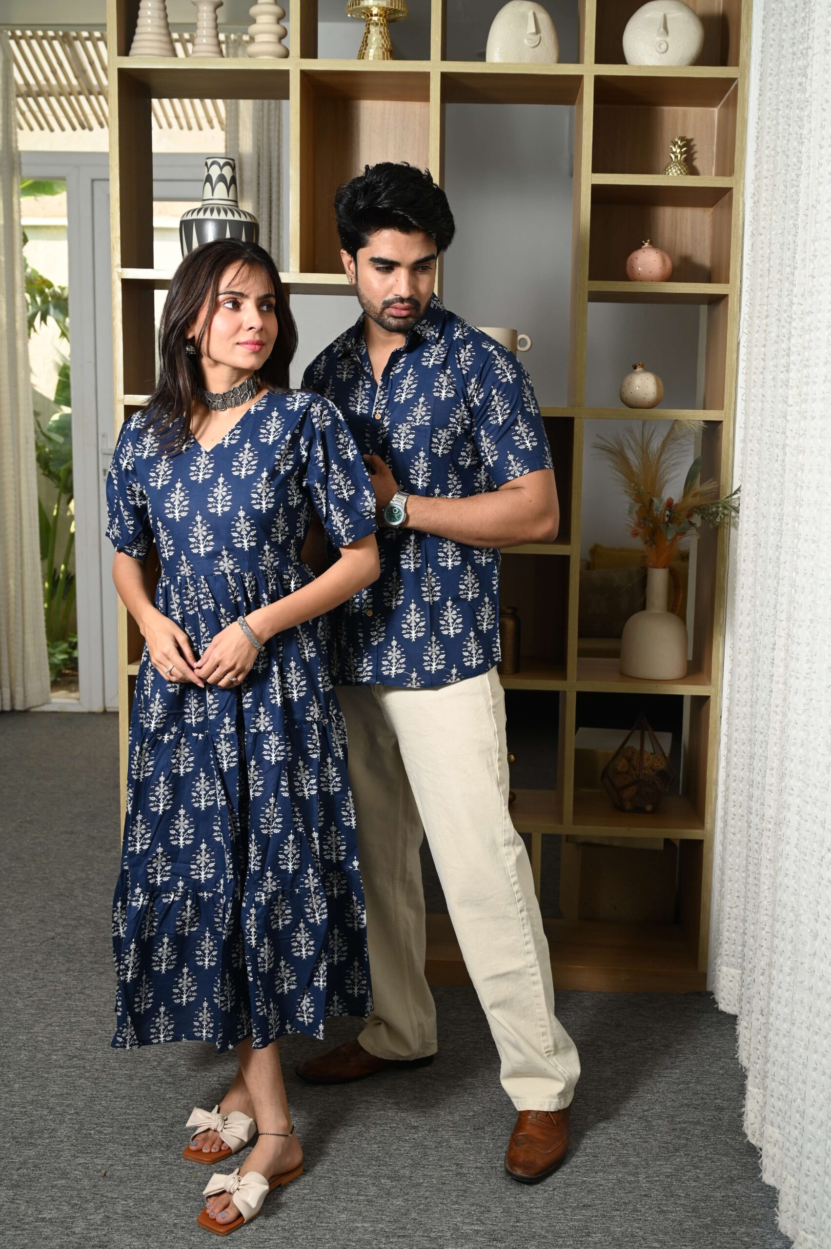 Couple Matching Navy-Blue Printed Cotton Anarkali Midi Dress & Shirt Set ? Summer Casual Wear 4 Couple Matching Navy-Blue Printed Cotton Anarkali Midi Dress & Shirt Set ? Summer Casual Wear - Image 4