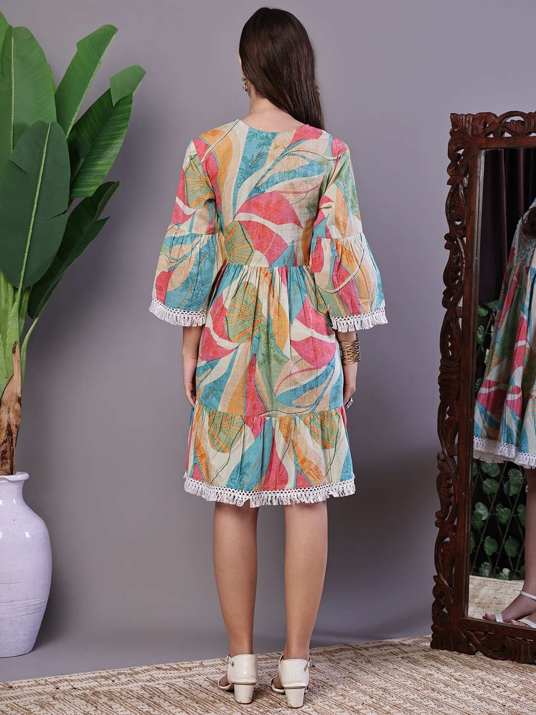 Wome's Multicolor Printed Cotton A-Line Dress with Embroidered Yoke Midi Dresses – AW045 - Image 2
