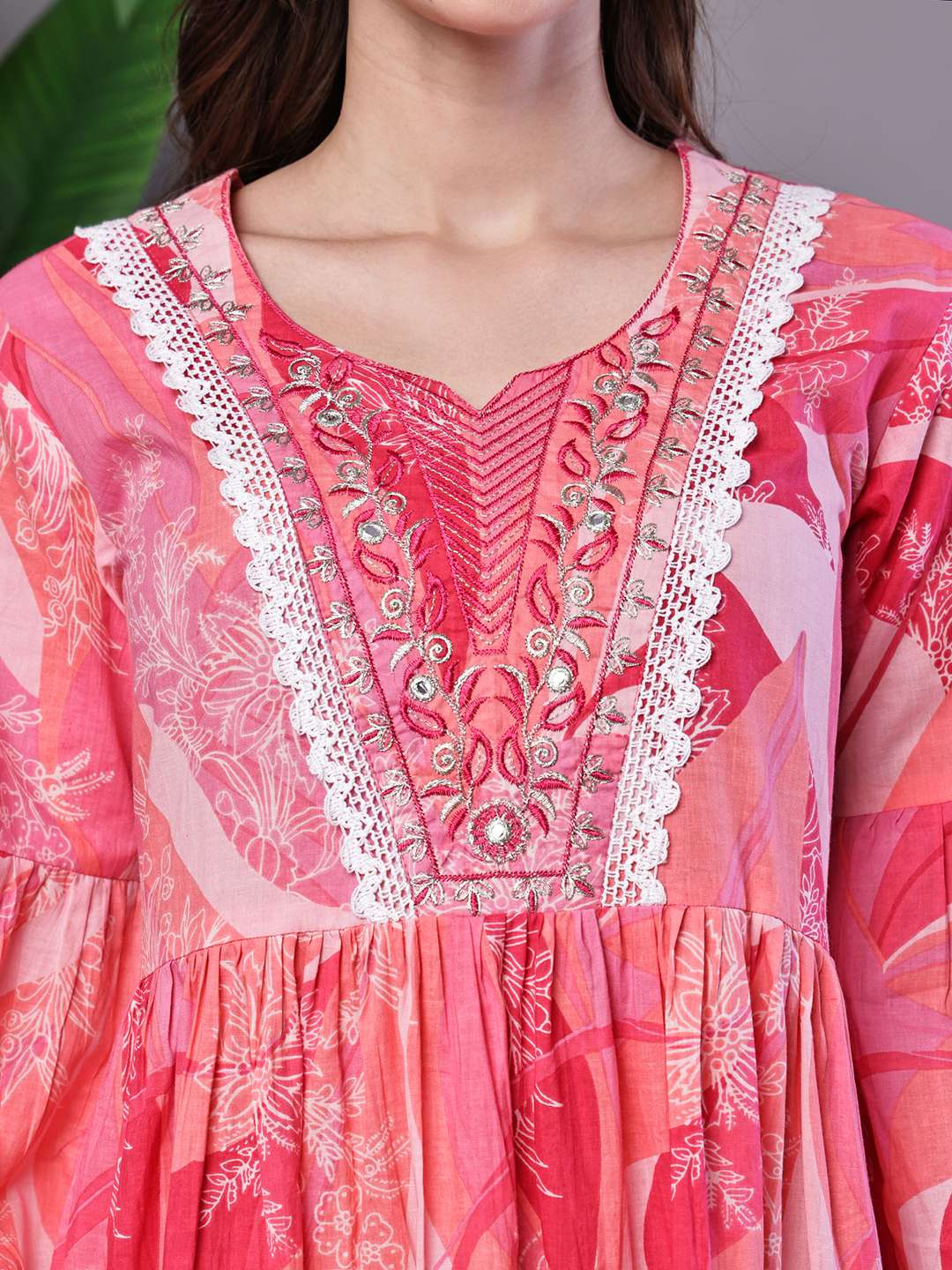 Wome's Pink Floral Printed Cotton A-Line Dress with Embroidered Yoke Midi Dresses 5 Wome's Pink Floral Printed Cotton A-Line Dress with Embroidered Yoke Midi Dresses - Image 5