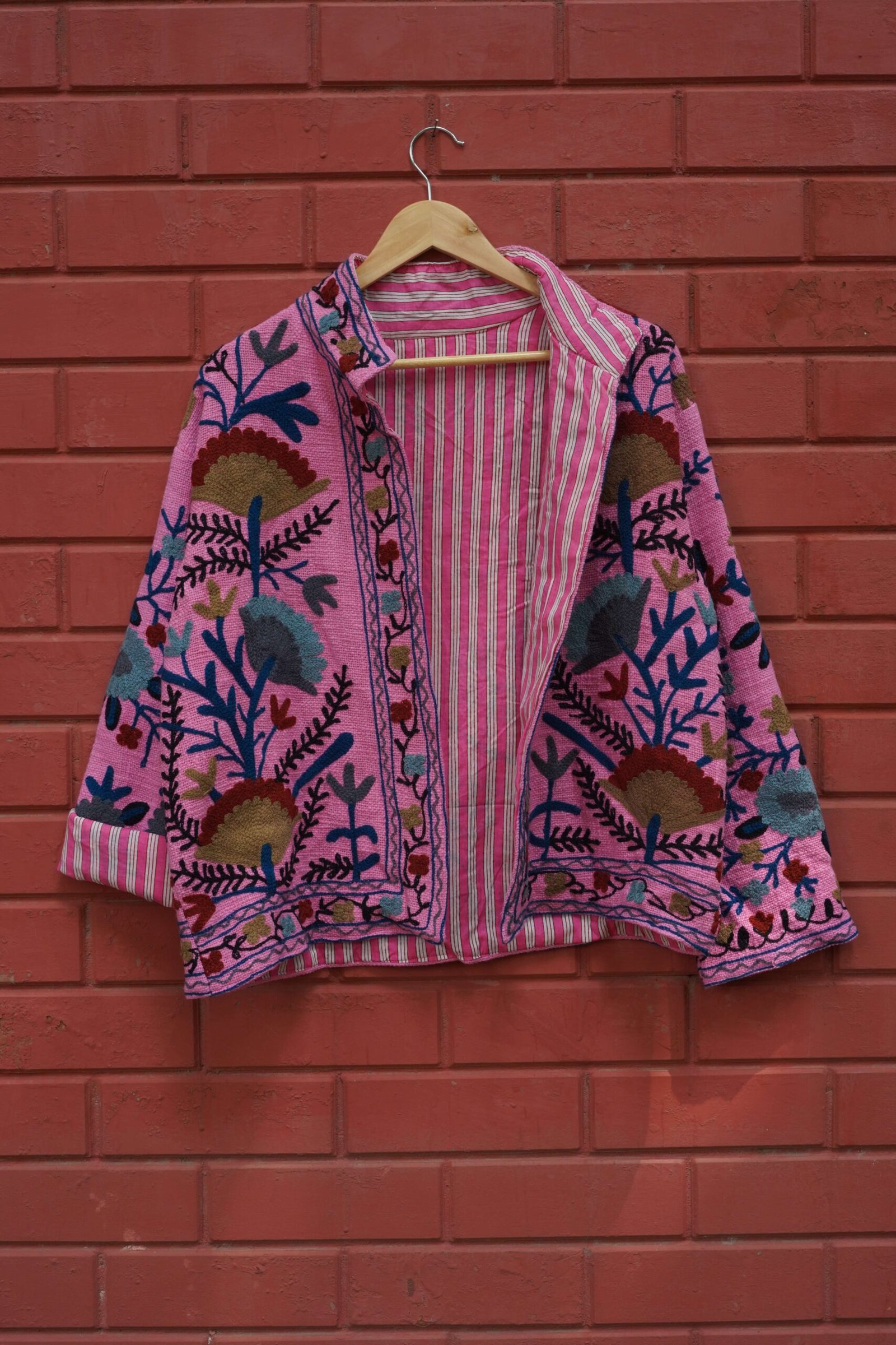 Womens Pink Velvet Embroidered Jacket with Floral Design – SZ-PK1 - Image 3