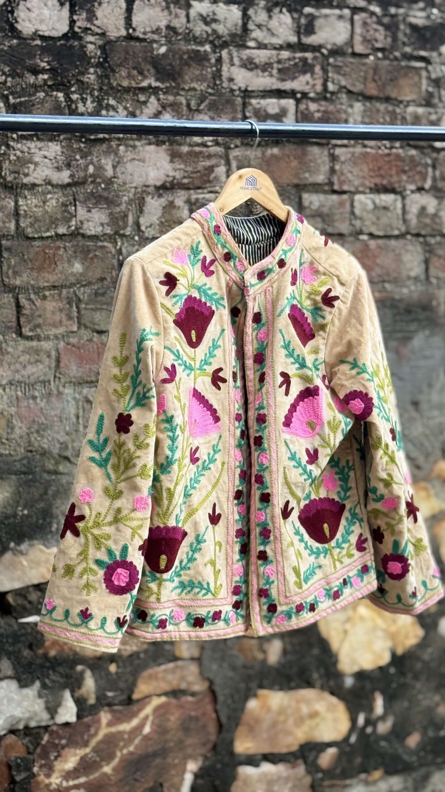 Womens Light Beige Velvet Embroidered Jacket with Floral Design 4 Womens Light Beige Velvet Embroidered Jacket with Floral Design - Image 4