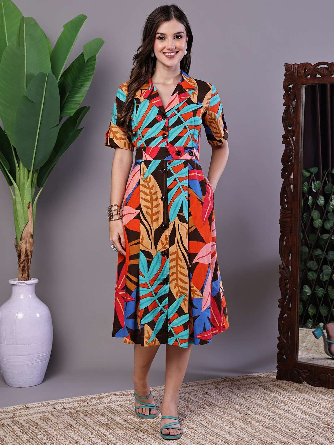 Women's Leaf Print Button-Down Cotton Midi Dress – AW035