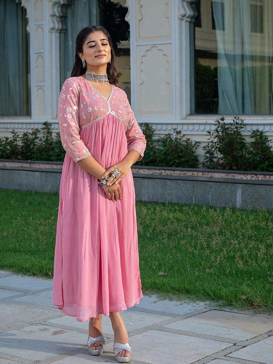 Women's Rayon embroidery work Georgette Fit & Flare Dress – HC10-PINK - Image 3