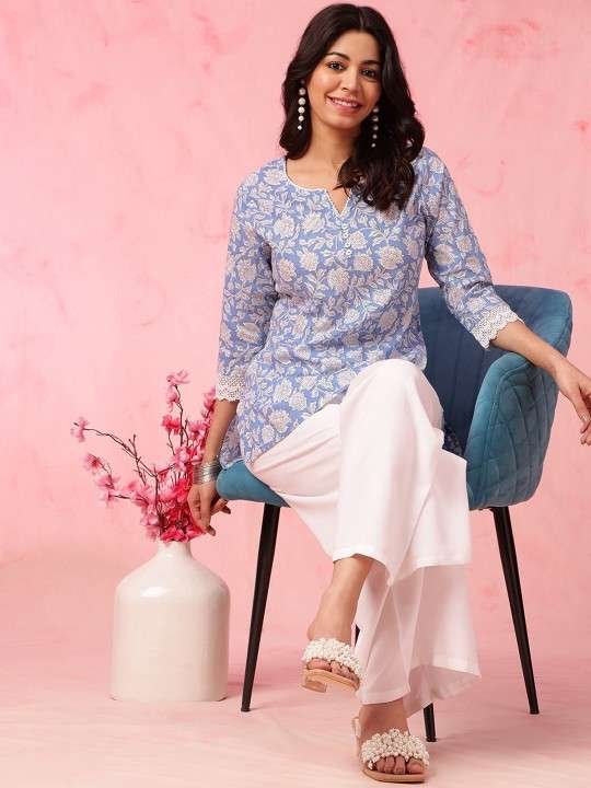Women's Rayon Floral Printed Straight Short Kurti Set – HC-46-SKY-BLUE