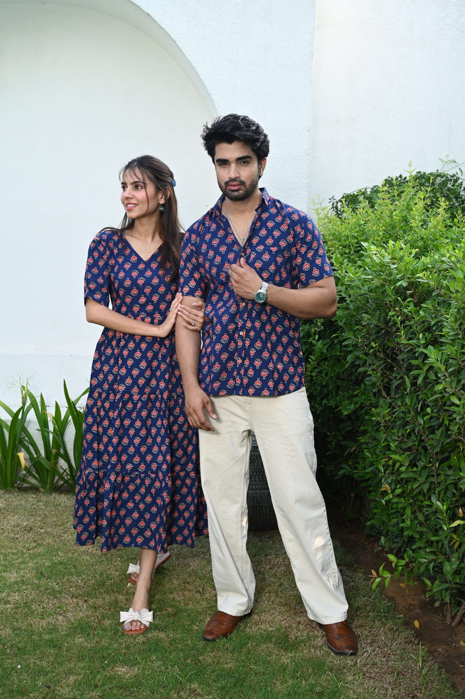 Couple Matching Navy Blue Cotton Printed Anarkali Midi Dress & Shirt Set - Casual & Festive Wear – CP1-NBL - Image 3