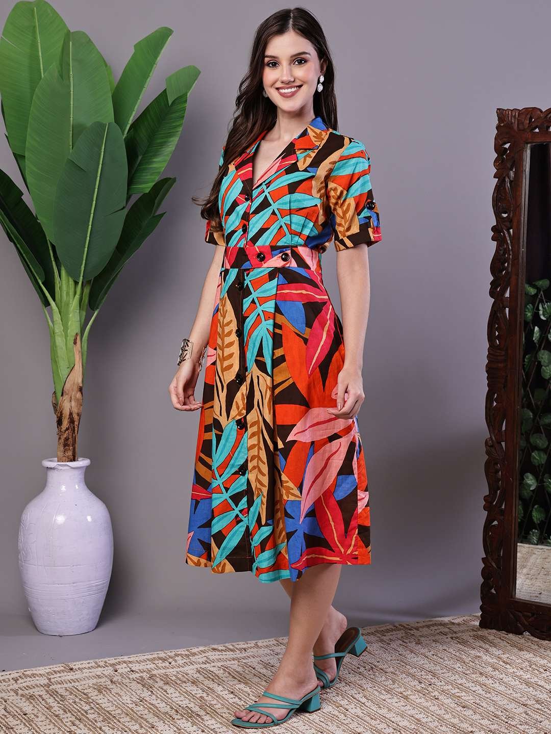 Women's Leaf Print Button-Down Cotton Midi Dress – AW035 - Image 3