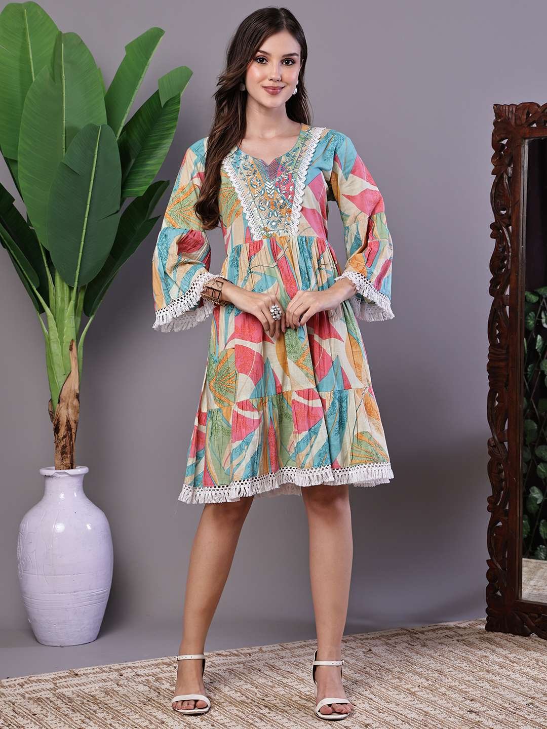 Wome's Multicolor Printed Cotton A-Line Dress with Embroidered Yoke Midi Dresses – AW045 - Image 3