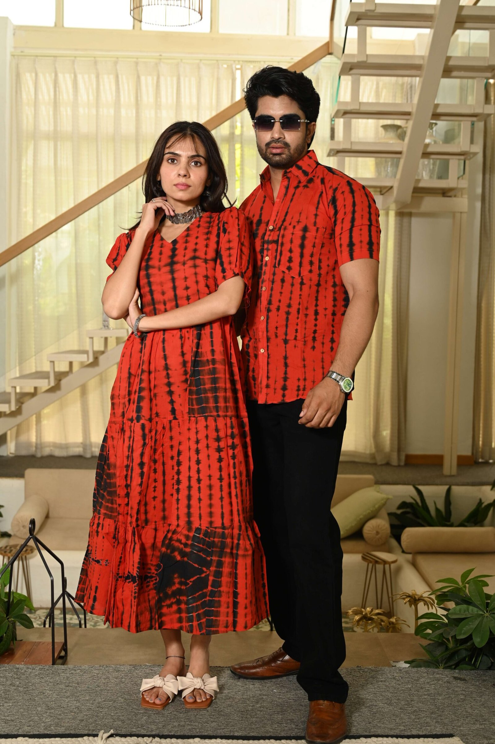 Couple Matching Red Printed Cotton Anarkali Midi Dress & Shirt Set - Summer Casual Wear – CP30-RD