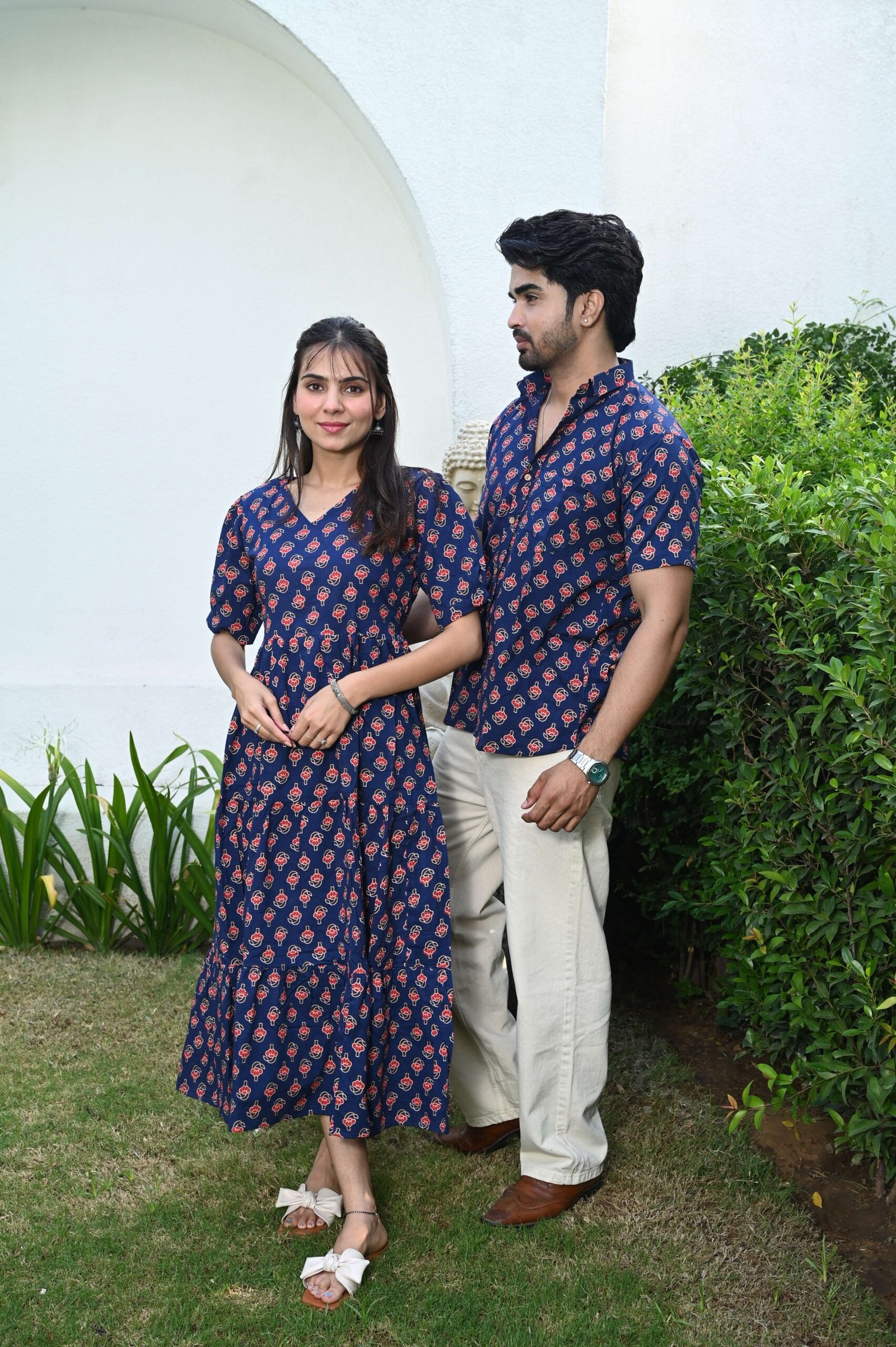 Couple Matching Navy Blue Cotton Printed Anarkali Midi Dress & Shirt Set - Casual & Festive Wear – CP1-NBL