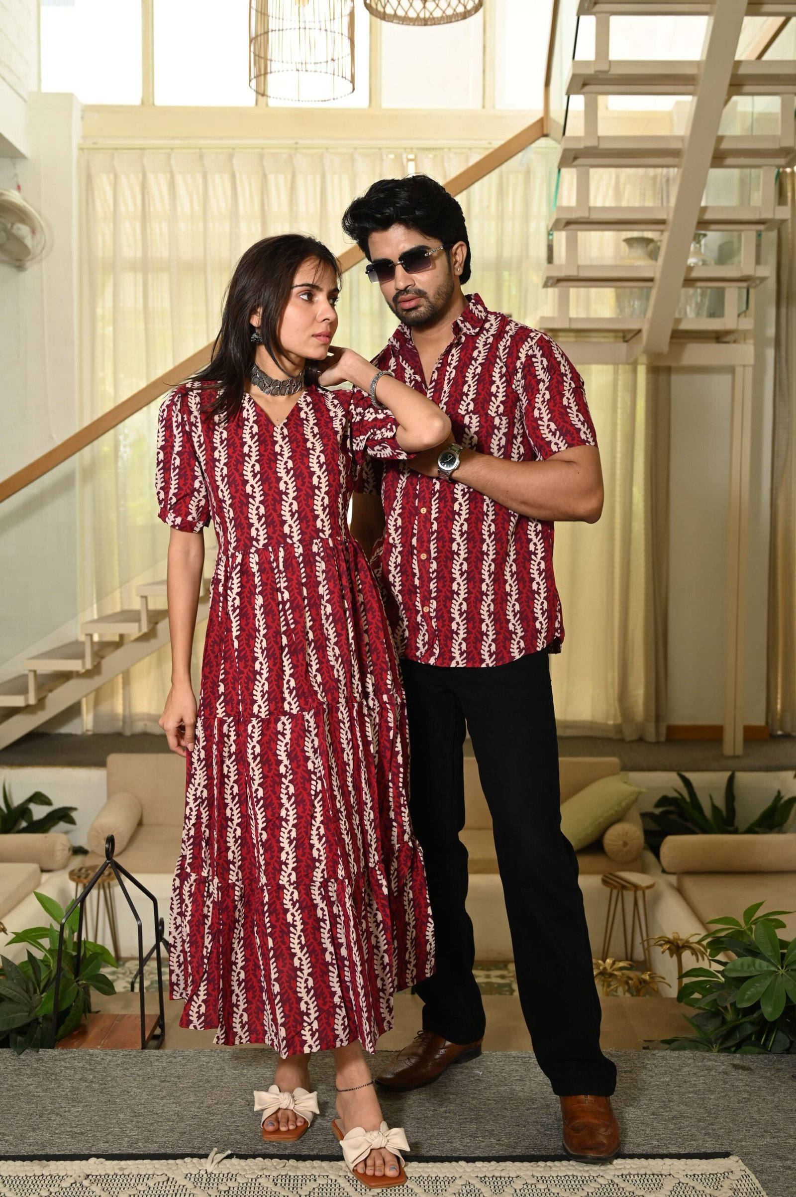 Couple Matching Red Cotton Anarkali Midi Dress and Shirt Set ? Vertical Vine Block Print - Image 3