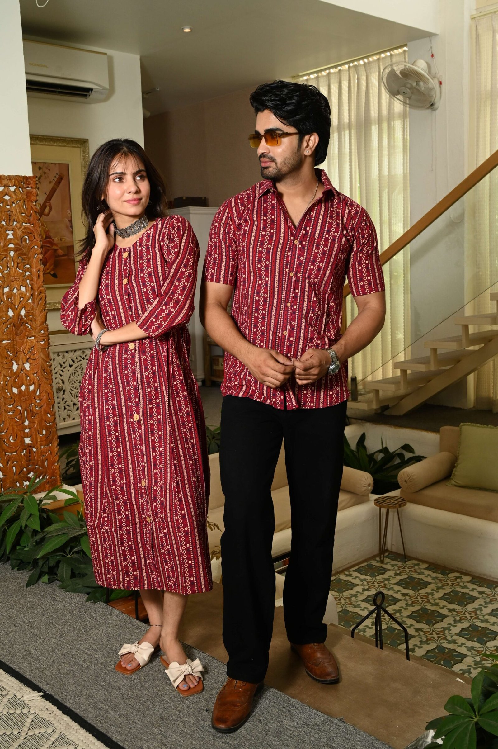 Couple Matching Maroon Cotton Anarkali Midi Dress and Shirt Set - Vertical Stripe Ethnic Print – CP22-MN - Image 2