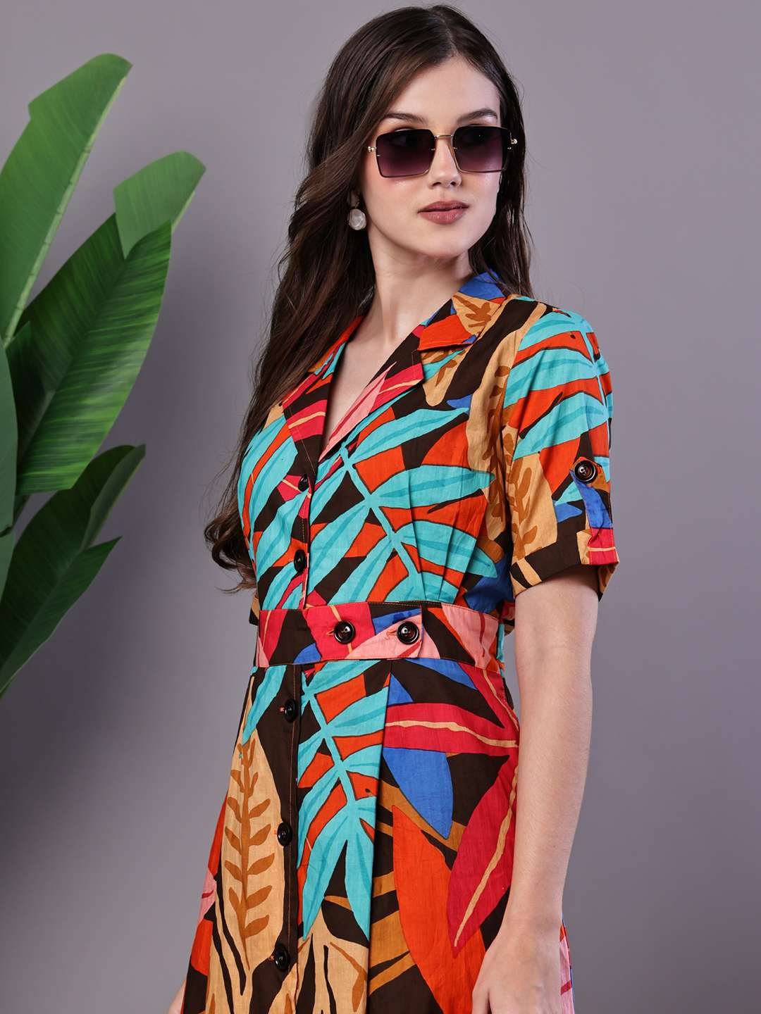 Women's Leaf Print Button-Down Cotton Midi Dress – AW035 - Image 4