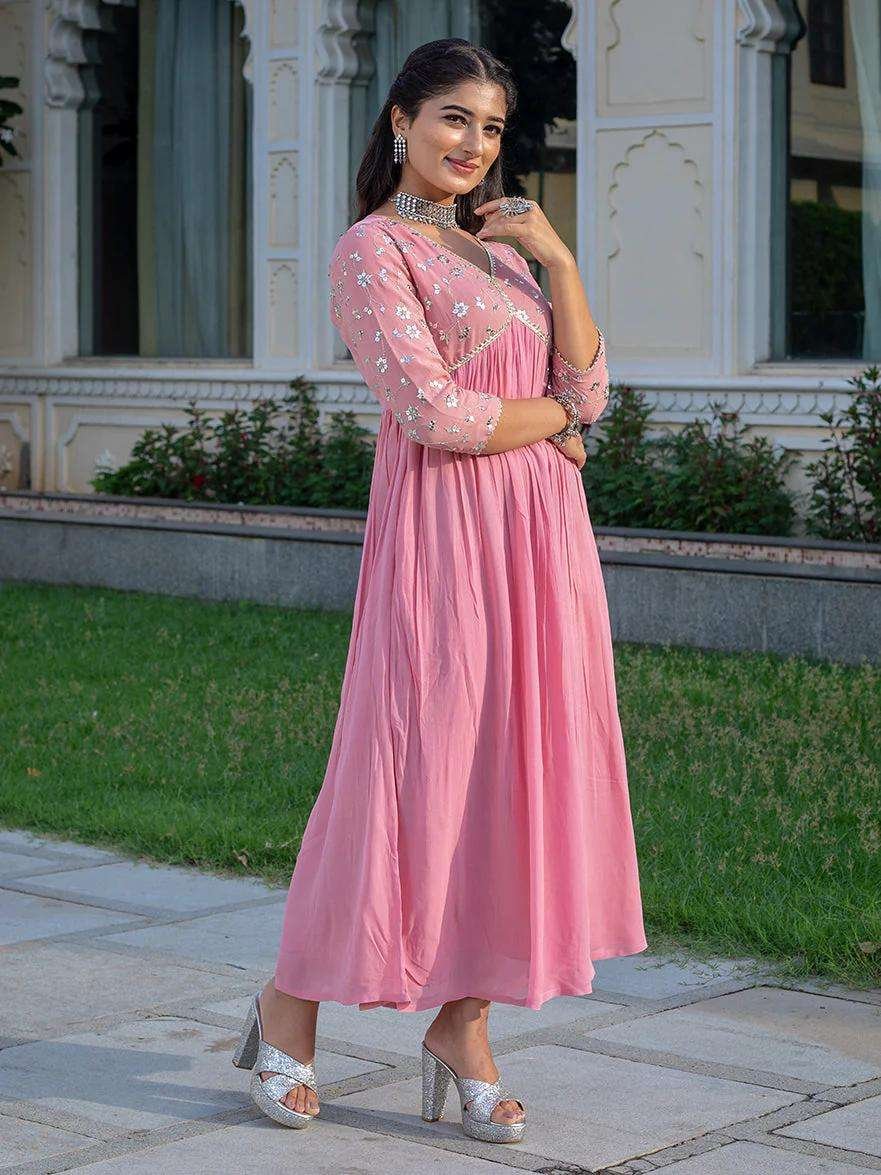 Women's Rayon embroidery work Georgette Fit & Flare Dress – HC10-PINK - Image 4