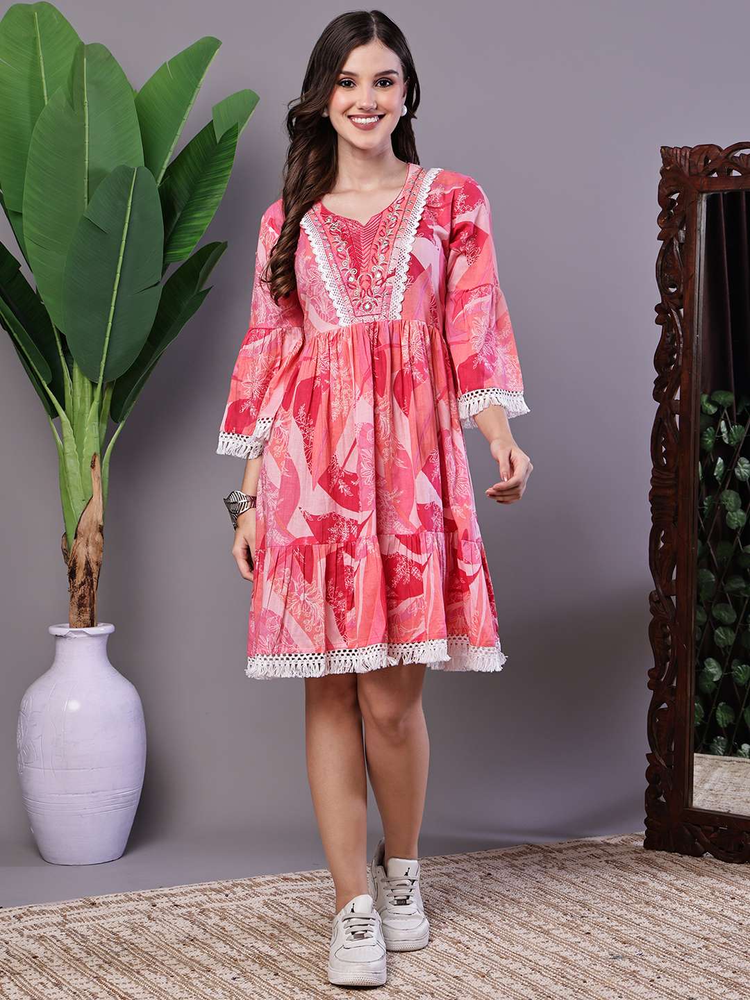 Wome's Pink Floral Printed Cotton A-Line Dress with Embroidered Yoke Midi Dresses 1 Wome's Pink Floral Printed Cotton A-Line Dress with Embroidered Yoke Midi Dresses