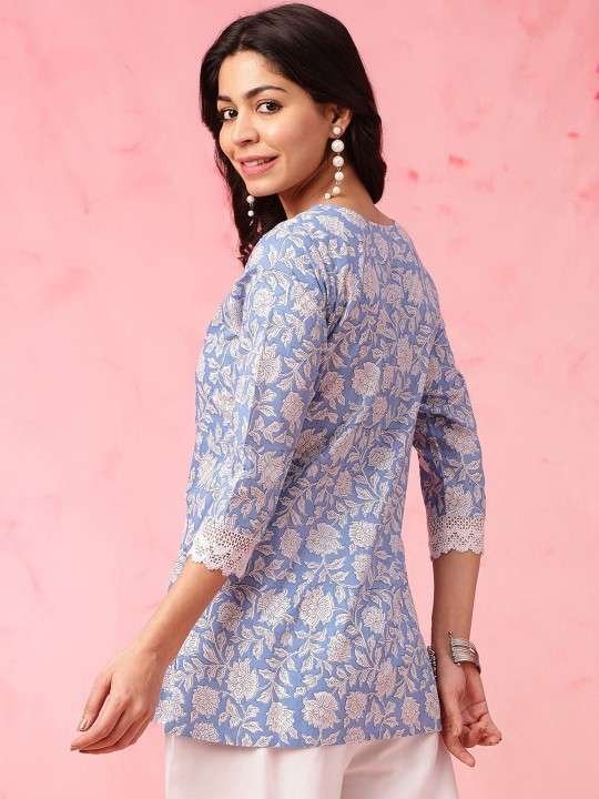 Women's Rayon Floral Printed Straight Short Kurti Set – HC-46-SKY-BLUE - Image 3