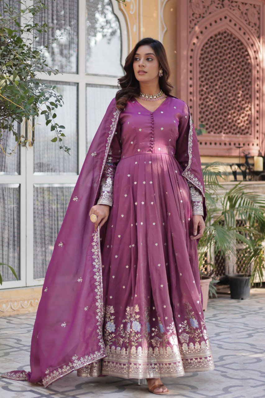 Women's Festive Rust Red Anarkali Gown with Intricate Silver Zari & Sequin Embroidery – Complete with Embroidered Dupatta - Image 8