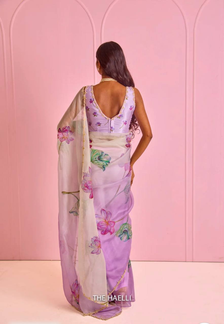 Women's Exquisite Lavender & White Organza Saree with Hand-Painted Lotus Floral Motifs & Gold Embellished Border – Complete with Matching Printed Blouse for Festive & Special Occasions – Design 1 - Image 4