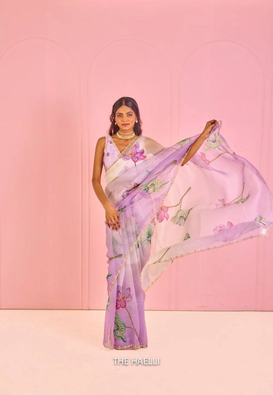 Women's Exquisite Lavender & White Organza Saree with Hand-Painted Lotus Floral Motifs & Gold Embellished Border – Complete with Matching Printed Blouse for Festive & Special Occasions – Design 1 - Image 3