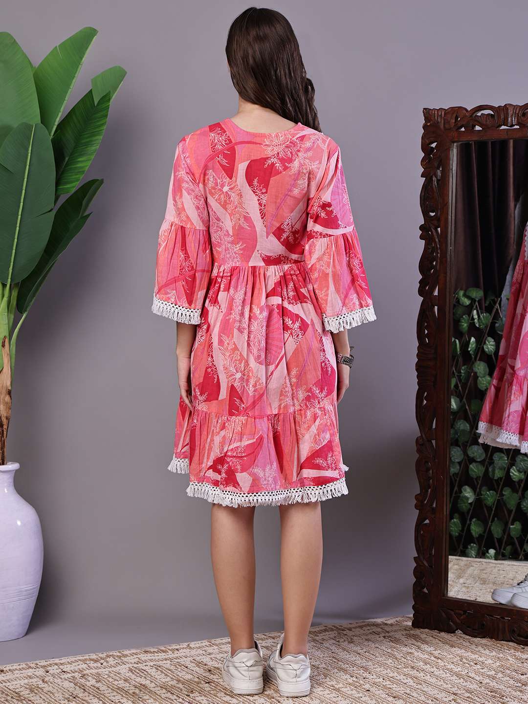Wome's Pink Floral Printed Cotton A-Line Dress with Embroidered Yoke Midi Dresses 2 Wome's Pink Floral Printed Cotton A-Line Dress with Embroidered Yoke Midi Dresses - Image 2