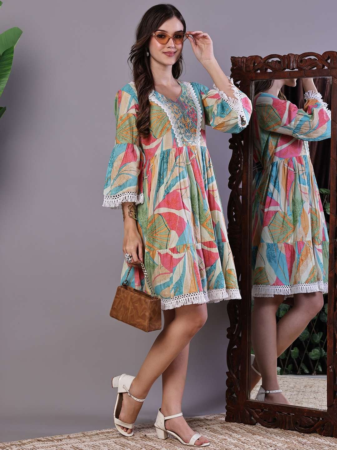 Wome's Multicolor Printed Cotton A-Line Dress with Embroidered Yoke Midi Dresses – AW045