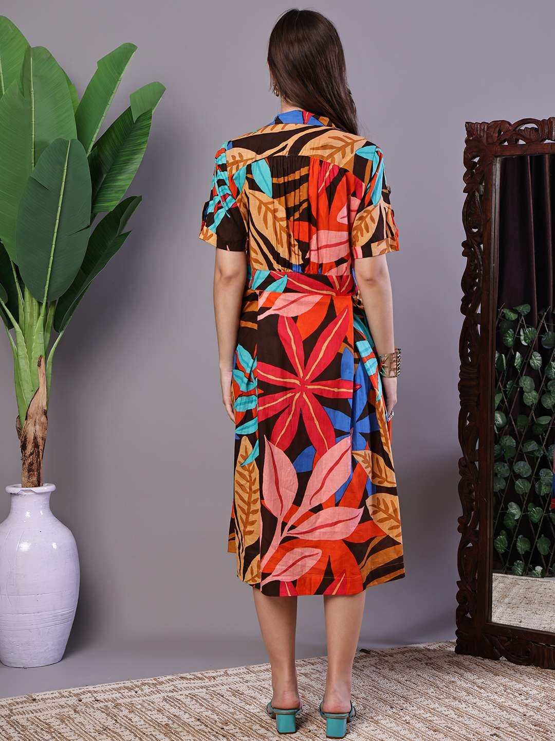 Women's Leaf Print Button-Down Cotton Midi Dress – AW035 - Image 2