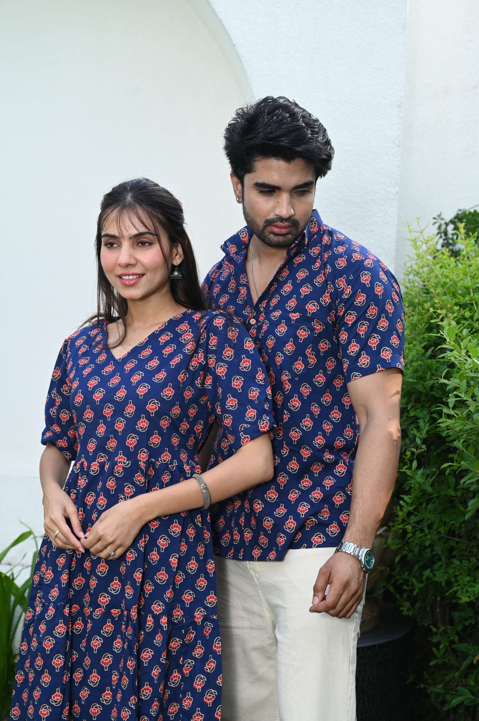 Couple Matching Navy Blue Cotton Printed Anarkali Midi Dress & Shirt Set - Casual & Festive Wear – CP1-NBL - Image 5