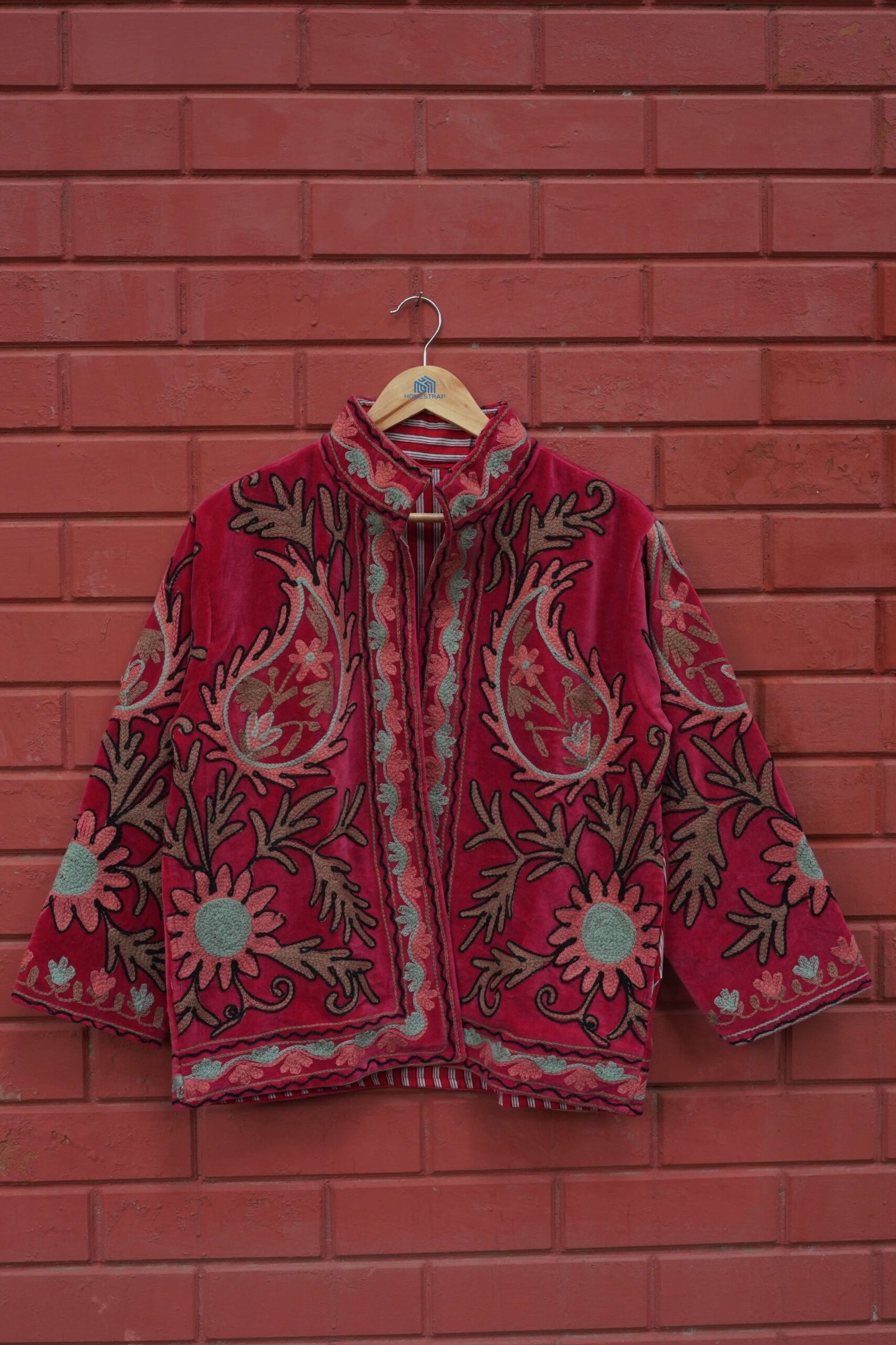 Womens Red Velvet Embroidered Jacket with Floral Design – SZ-RD1 - Image 7