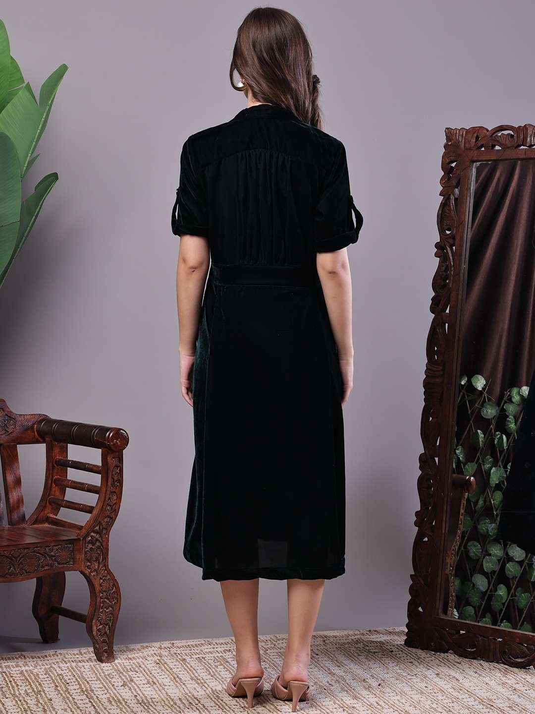 Women's Black Velvet Solid Printed Shirt Midi Dress with Belt – AW06 - Image 2