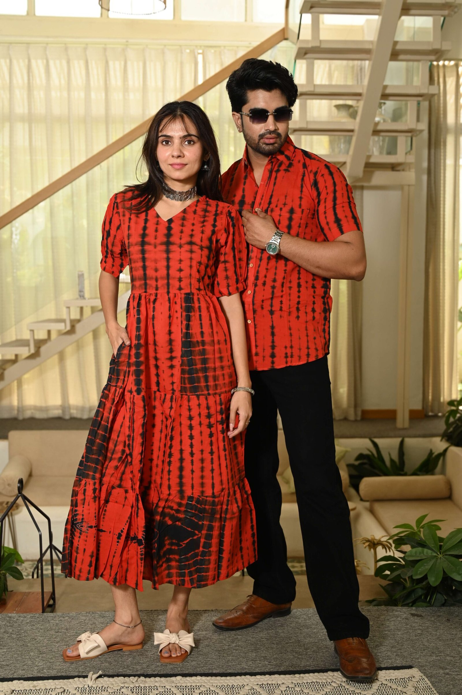 Couple Matching Red Printed Cotton Anarkali Midi Dress & Shirt Set - Summer Casual Wear – CP30-RD - Image 3